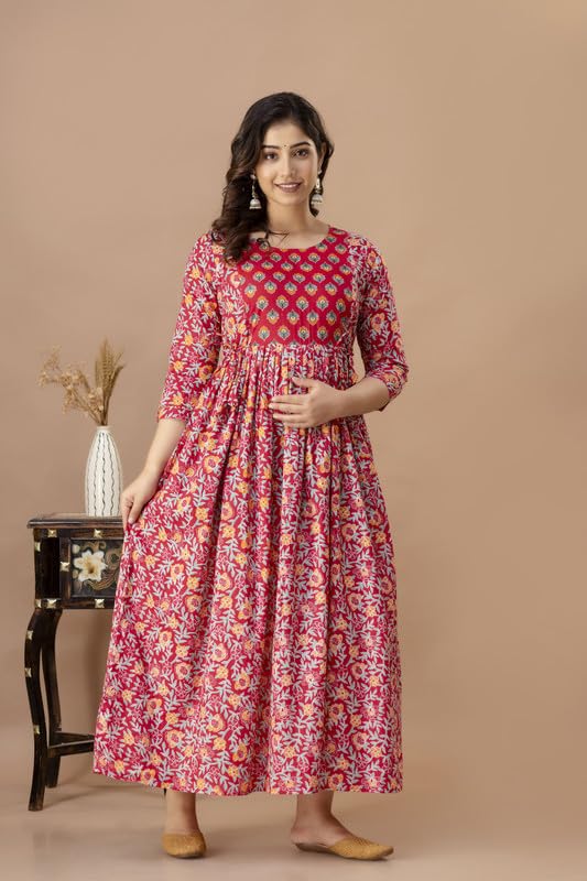 Image of Women's Pure Cotton Printed Maternity Gown /Maternity wear /Feeding Gown A-line Maternity Feeding Dress Maternity Kurti Gown for Women