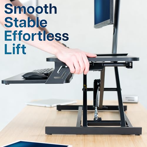 Image of VIVO Black 32 inch Stand Up Desk Riser, DESK-V000S | Height Adjustable, Standing Desk Converter, Quick Sit to Stand, Tabletop Dual Monitor Riser Workstation, Minimal Assembly