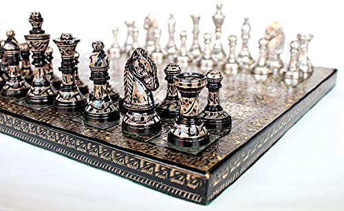 Jeu d'échecs fait main en laiton luxe et design argenté noir 25cm