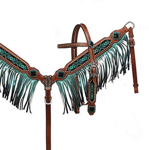 Showman Leather Headstall & Breast Collar w Beaded Inlay, Ombre Fringe & Crystal Rhinestone Conchos! New (Teal)
