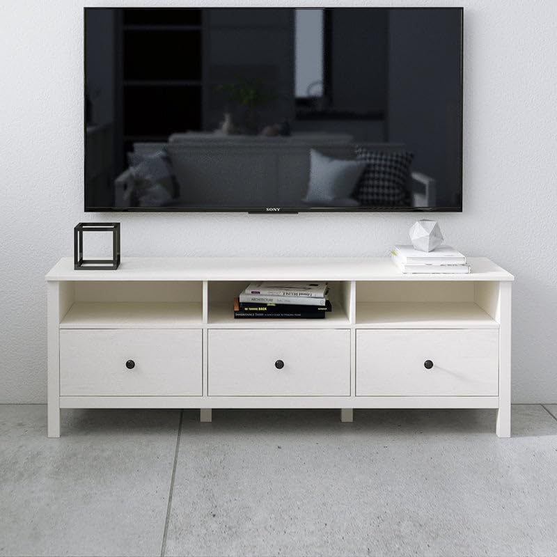 Solid Wood White TV Stand Cabinet with 3 Drawers and Open Shelves, Modern Entertainment Center for Living Room-image-32