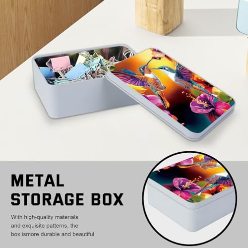Image of Metal Tin Box with Lid for Game Cards Home Organizer Candles Keys Crafts Storage - Equipped with 4 Magnetic Cord Clips,Hummingbirds and flowers