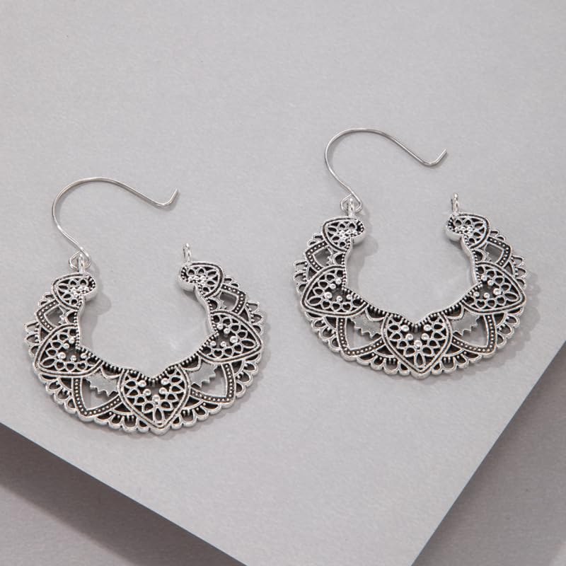 Vintage 925 Sterling Silver Filigree Hoop Earrings Bohemian for Women Intricate & Delicate Cutout Design Details Tribal Floral Gypsy Lightweight Metallic Statement Earrings（Silver）3