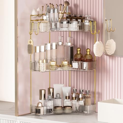 3-Tier Corner Bathroom Counter Organizer，Makeup & Skincare Shelf with Built-in