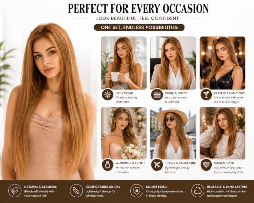 Image of Salon-Grade Clip-in Hair Extensions for Women, Imported Synthetic Hair, 6 PCS with 13 Secure Clips, Instant Volume, Natural Blend, Reusable Hair Volumizer (Golden Brown, Straight)