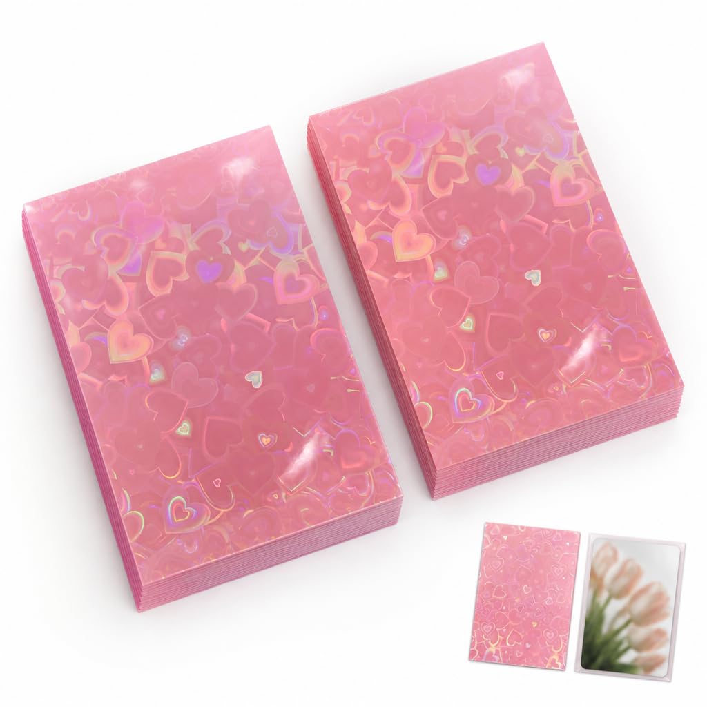 100 Pcs Pink Holographic Card Sleeves 61x91mm, Heart Photocard Sleeves Thickened Photo Card Sleeves for Kpop Album Cards, Mini Photos, Trading Card Protection, Cute Pink Card Sleeves