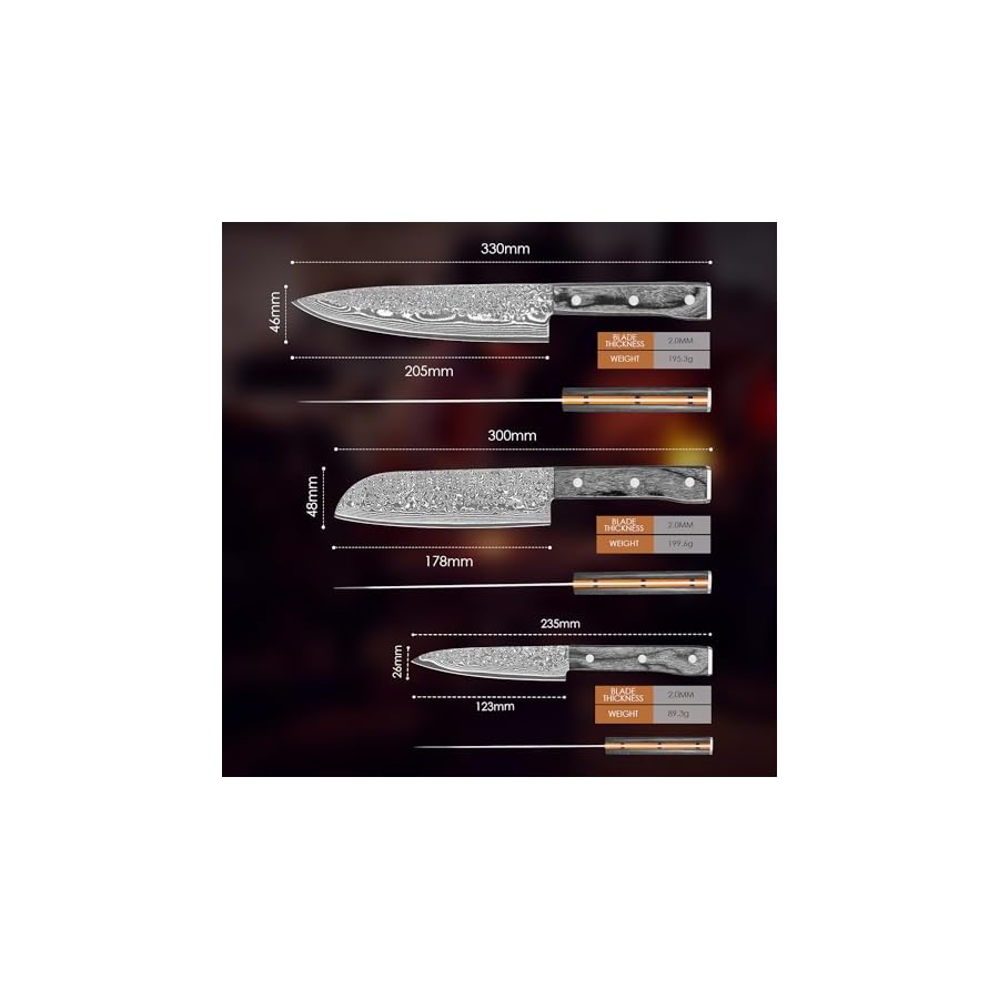 Kuwata-Chef-Knife-Set-3PCS-Professional-VG10-Damascus-Steel-Kitchen-Knife-Set-with-G10-Ergonomic-Color-Wooden-Handle-Cooking-Knife-Set-Elegant-Gift-Box-for-Home-Restaurant Kuwata Chef Knife Set, 3PCS Professional VG10 Damascus Steel Kitchen Knife Set with G10 Ergonomic Color Wooden Handle, Cooking Knife Set Elegant Gift Box for Home Restaurant