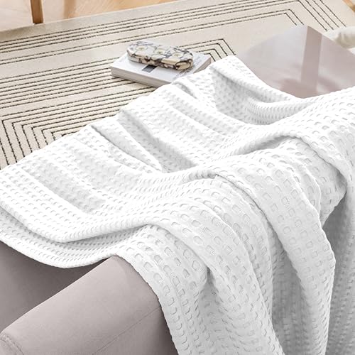 Image of Elegant Comfort Premium 100% Cotton Waffle Blanket - Lightweight Breathable Waffle Weave Bed Blanket - Soft and Warm All Season Blanket for Couch, Sofa and Bed, Queen Size 90x90 Inches, White