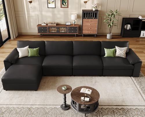 Image of EASE MOOSE Oversized Modular Sectional Sofa,Leather Sectional Couch with Deep Seat,Extra Large L Shaped Couch,Classic Comfy Scratch Resistant Faux Leather Material Sofa for Living Room,Black