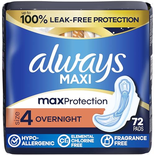 Image of Always Maxi Overnight Feminine Pads with Wings for Women, Size 4, Overnight Absorbency, Unscented, Up to 100% Leak-Free Protection, 72 Count