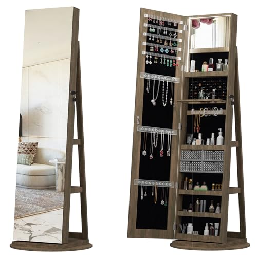 360° Swivel Jewelry Armoire with Full-Length Mirror, Lockable Standing Jewelry Cabinet Organizer w/ Inside Makeup Mirror, Back Storage Shelves for Bedroom, Cloakroom, Living Room (Antique Brown1)