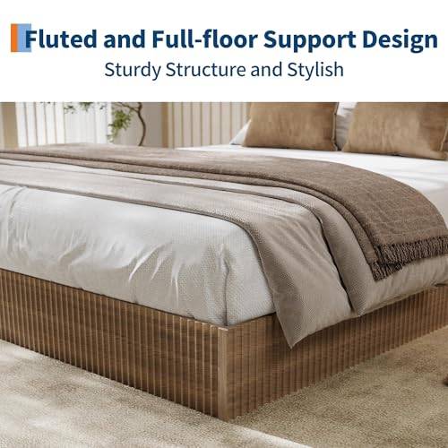 Image of GarveeHome Full Size Bed Frame, Wood Platform Bed, Fluted Bed Frame | Minimalist Bed Base with Low Profile Design, Noise-Free, Easy Assembly, No Box Spring Needed, Walnut