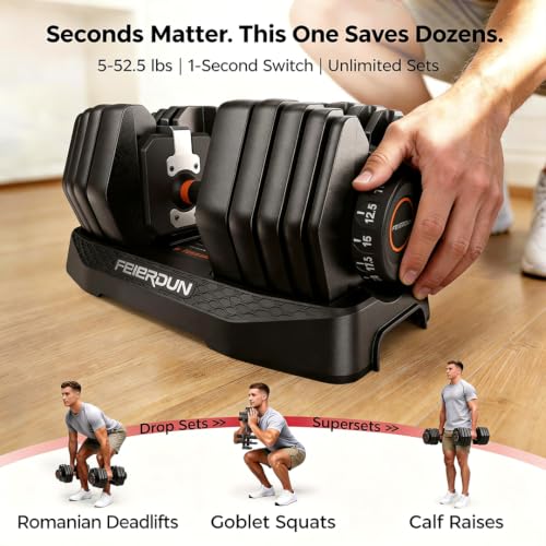 Image of FEIERDUN DB1 QuickDial Adjustable Dumbbell Set, 15-in-1 Adjustable Weights with Storage Box & App, 105lb /52.5lb Quick Change for Drop Set, Superset & HIIT Home Gym, Non-Slip Handles, 3-year Aftersale Service