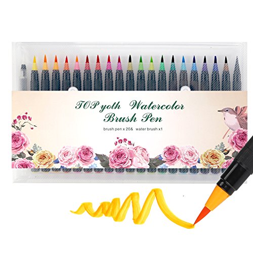 Watercolor Brush Markers Pen TOPyoth 20 Colors Drawing Brushes Bright Ink Watercolor Pen Smooth Soft Tip Blend Well Painting Perfect for Small or Medium Details 0.8mm Coloring Books Cards Diary Comics
