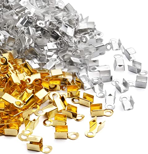 Image of Fold Over Crimp Cord Ends for Jewellery Making, Cord End Caps for DIY Necklace and Bracelet Making Gold and Silver 4 x 8 mm 100 Pieces (50 Gold + 50 Silver)