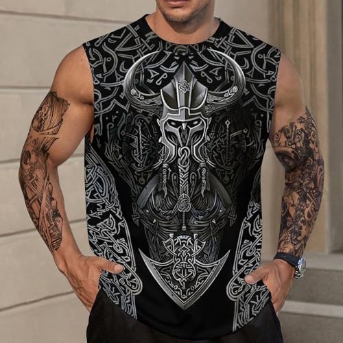 ENLACHIC Men's Viking Raven Print Tank Top Nordic Mythology Graphic Sleeveless Workout Muscle Shirt2