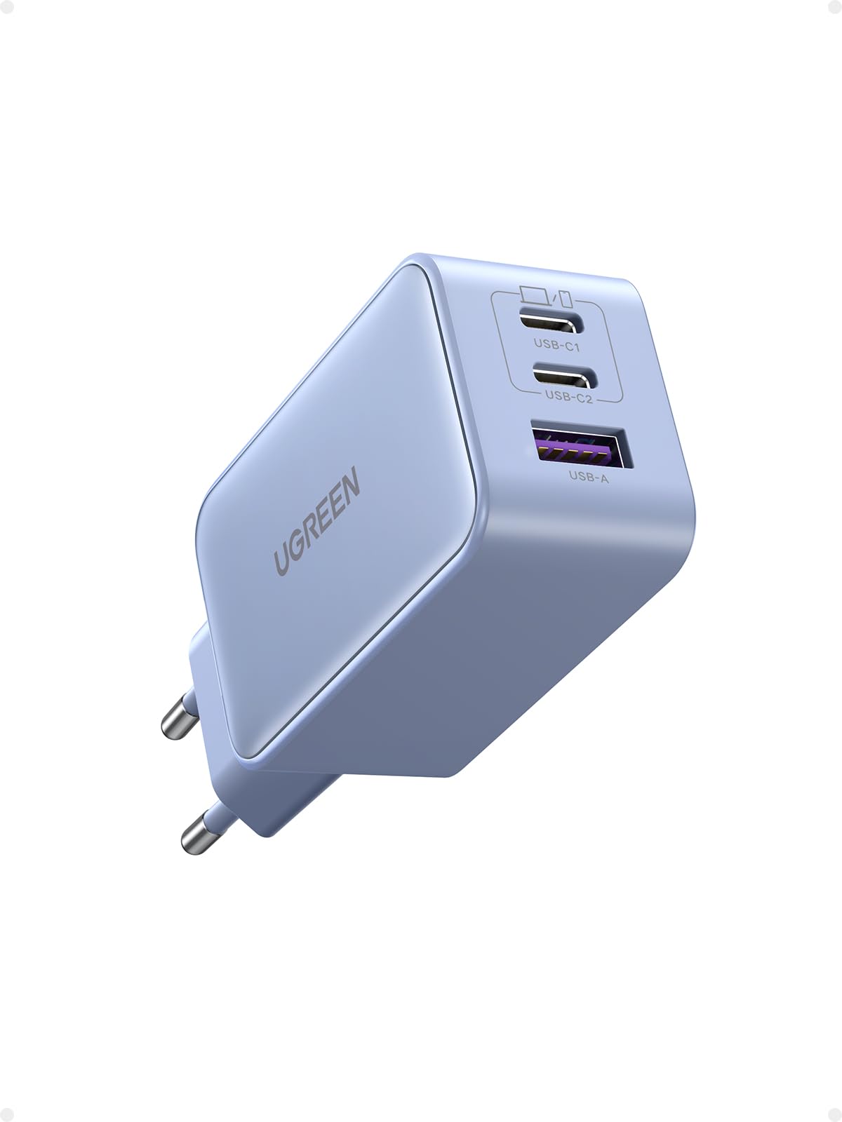 UGREEN Nexode 65W Caricatore USB C GaN Tech 3 Porte, Caricabatterie Type C Compatibile con MacBook Air, iPhone 16/15/14/13, iPad, Samsung Galaxy S24/ S23/ S22, Google Pixel 7 Pro Blu
