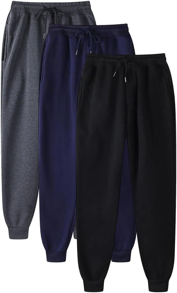 Mens 3 Pack Fleece Sports Workout Jogging Pants Zipper Pockets and Drawstring Fleece-Lined Jogger Sweatpants