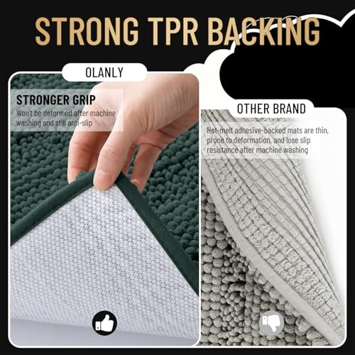 Image of OLANLY Thick Bathroom Runner Rugs 44x24, Extra Absorbent Chenille Striped Bath Rugs, Rubber Backing, Machine Wash, Long Bath Mats for Bathroom, Tub and Shower, Home Decor Accessories, Blackish Green