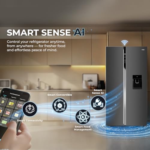 Image of Haier 596L Frost Free 2-Door Water Dispenser 3 Star Side by Side Refrigerator with Convertible, Wi-Fi, Inverter, Digital Display Panel, Deo Fresh Technology (HRS-682WGKU1, Graphite Black)