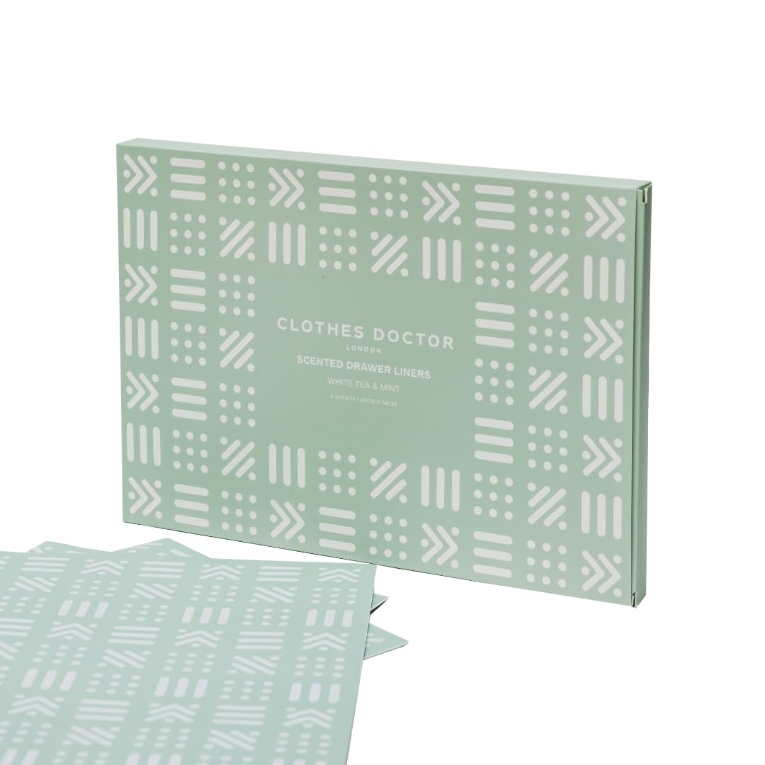 Clothes Doctor White Tea & Mint Scented Drawer Liners Infused With Essential Oils - 6 Large Sheets (58Cm X 40Cm) | Natural Moth Repellent & Freshener | Plastic-Free, Vegan, Cruelty-Free, Recyclable Packaging | Made In Britain
