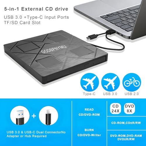Image of 5-in-1 Extemal CD /DVD Drive for Laptop,USB 3.0 & Type-C Portable CD /DvD Rw Burner with SD /TF Card Reader &DVD-ROM Rewritable Player，Compatible with Laptop Pc Desktop, Windows11 /10 /8 /7 Linux Mac os