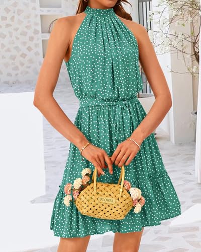 Image of BTFBM Women Halter Neck Summer Dresses 2025 Spring Casual Sleeveless Floral Polka Dot Ruffle Mini Boho Beach Sun Dress