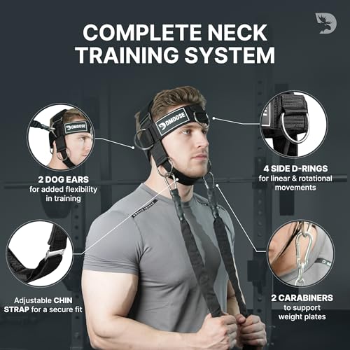Image of DMoose Fitness Neck Harness Plus for Weight Lifting - Soft Padded Head & Chin Strap with 30 inch Heavy Duty Steel Chain, 2 Bands & Door Anchor - Neck Exerciser & Strengthener to Support Injury Recovery