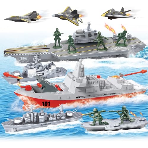 ZAKVENFUN Aircraft Carrier Toy Playset, Military Toys, Launch Toy with 12 Pcs Green Army Men, 3 Small Yets Planes, 3 Toy Boat, Army Toy Gifts for Toddler Kids Boys Ages 3 4 5 6 Years Old