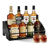 Wooden Liquor Bottle Display Shelf, Coffee Syrup Rack Organizer, 2 - Step Countertop Wine Rack, Rustic Mini Bar Cabinet, Home Retro Bar Shelf Stand for Liquor Whiskey, Spirits (Black)