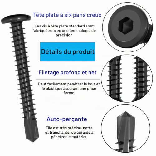 FandWay 80 Pièces Vis Autoforeuse Metal Noir,M5,5x32mm Vis à Tôle Autotaraudese à Tete Plate Vis à Tôle à Six Pans Creu et Autoperceuse Autoperforante Inox 410 avec 1 Bits pour Alu Bois Plastique. – vue 4