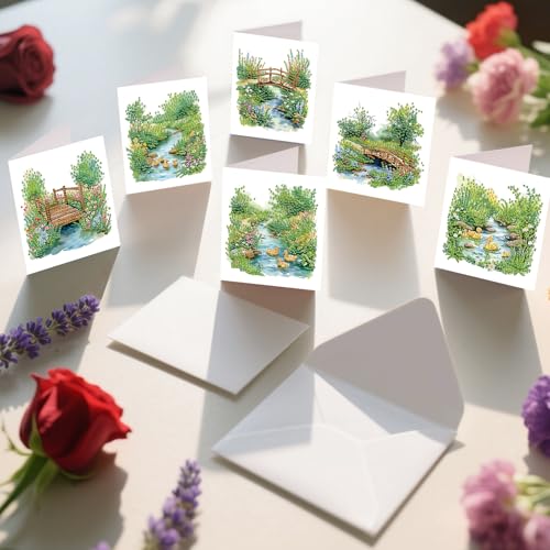 Image of AiYuanzsh 6 Pack Garden Landscape Diamond Painting Greeting Card Kits with Envelopes, 5D DIY Diamond Art Cards for Adults, Handmade Card Craft Kit for Holiday Birthday Wishes (30x15cm)