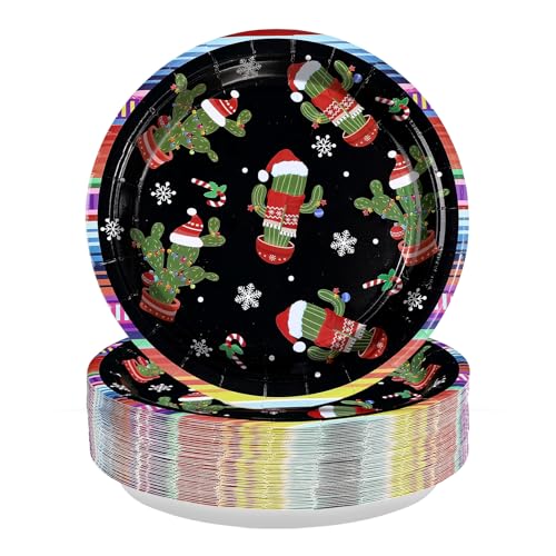 50Pcs Mexican Paper Plates 9 Inch Disposable Mexican Winter Party Decorations Mexico Cactus Dessert Plates for Winter Xmas Fiesta Holiday Carnival Birthday Party Supplies