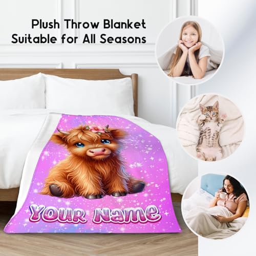 Personalized Blanket Highland Cow Gifts for Kids Girls - Soft Lightweight Flannel Throws for Couch, Sofa 4 Sizes