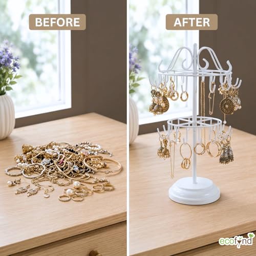 Image of ecofynd 2-Tier Metal Jewelry Organizer Stand with 40 Hooks, 360 Rotating 20-Inch Holder for Earrings, Necklaces, Bracelets & Rings, Space-Saving Display for Vanity & Dressing Table (White, JS013)