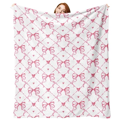 Zzkol Valentines Day Flannel Throw Blanket Pink Bow Love Hearts Anniversary Wedding Birthday Gifts for Women Lover Couples Coquette Ribbon Soft Blankets for Bedding Sofa 50 x 60