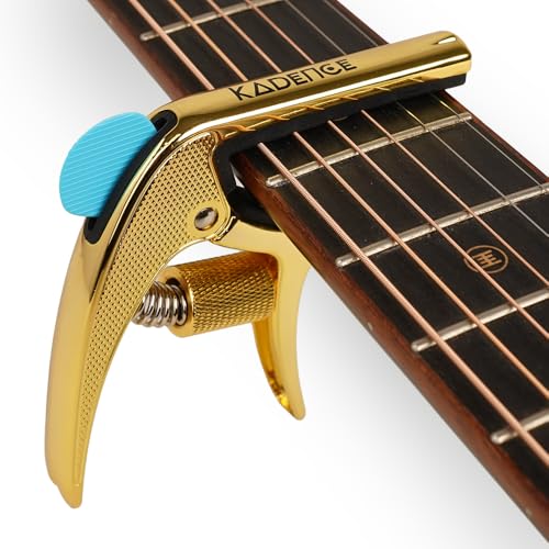 Image of Kadence CAP-S01GD Touring Series Professional 3-in-1 Guitar Capo | Quick-Change Aluminium Alloy Capo with Adjustable Tension, Pick Holder & Bridge Pin Remover | For Acoustic & Electric Guitars | Gold