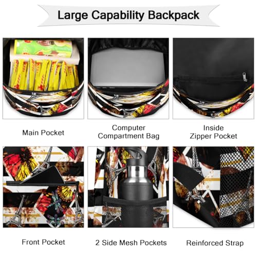 Sac à dos tour Eiffel papillon grand volume avec compartiment ordinateur