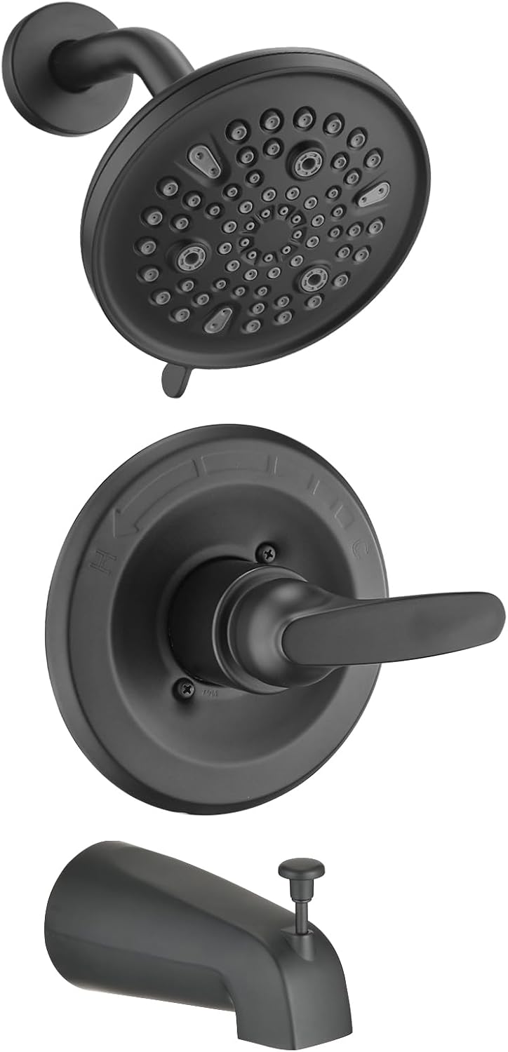 9-Setting Shower Faucet Trim Kit Compatible with Delta 13/14 Series, High Pressure 5.5" Round Rain Shower Head& Tub Handle Set, Matte Black(Valve& Catridge Not Inclued)