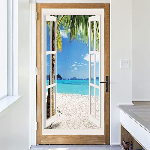 Turquoise Decorative Window Film, Tropical Palm Trees On Island Ocean Beach Through White Wooden Windows, Glue Free Static Privacy Pvc Window Film, W23.6 X L35.4 Inch White Blue #TOP2