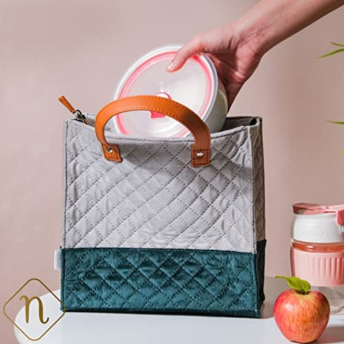Nestasia Designer Velvet Tote Bags: Beach Bags, Reusable Grocery Shopping Bag, Waterproof Lining, Retro Flax (Grey & Green, M) #TOP1