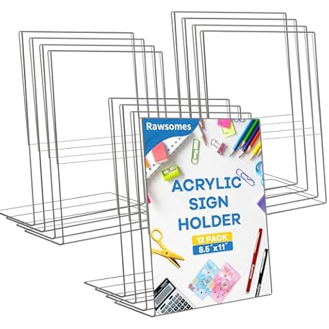 Rawsomes Acrylic Sign Holders 8.5x11'' Clear Display Stand, Plastic Table Top Sign Holder, Ad Picture Frames,Photo Frame, Flyer Holder for Office, Hotel,Restaurant, Home, Store 12 Packs Cover