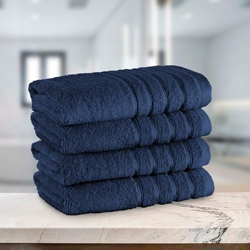Image of Elegant Comfort 100% Turkish Cotton 4 Lines Viscose Stripe Luxury 4 Pack Hand Towel Set - Ultra Absorbent and Soft 16 x 28 Inch Premium Hotel Spa Quality Towels for Everyday Bath Use, Navy Blue