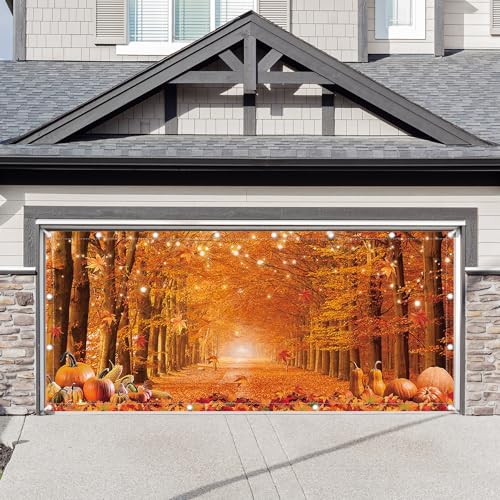 ZTHMOE 1PC 16x7ft Fall Garage Door Banner Decorations Thanksgiving Autumn Pumpkin Maple Leaves Photography Backdrop Home Outdoor Wall Hanging Cover Harvest Party Supplies