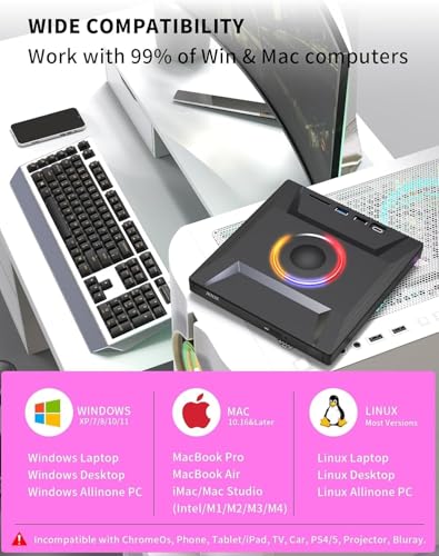 Image of External CD DVD Drive,7 in 1 USB 3.0 and Type-C CD Burner Player Writer with 2 USB Ports and 1 TF /SD Card Slots,Portable Slim Optical Disk Driver for Laptop Mac PC Windows Linux OS
