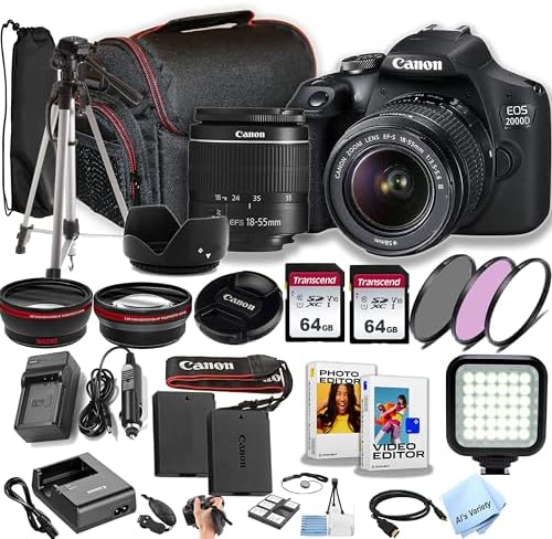Canon EOS 2000D / Rebel T7 w/EF-S 18-55mm F/3.5-5.6 Zoom Lens + 64GB Memory, Filters, Case, Tripod, LED Light, Lenses, and More (30pc DSLR Camera Bundle)… (Renewed)
