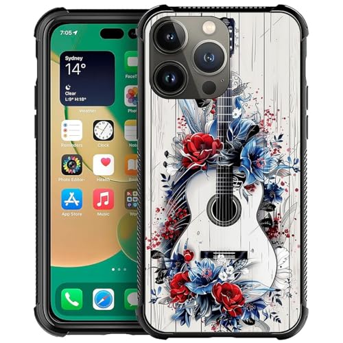 CARLOCA for iPhone 14 Pro Case,Guitar Rose Red Blue Woman Pattern Ultra Protection Shockproof Soft Silicone TPU Non Slip Back for iPhone 14 Pro