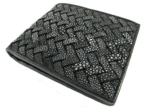 Genuine Polished Stingray Shagreen Skin Leather Intrecciato Braid Handmade Bifold Wallet New (Black)