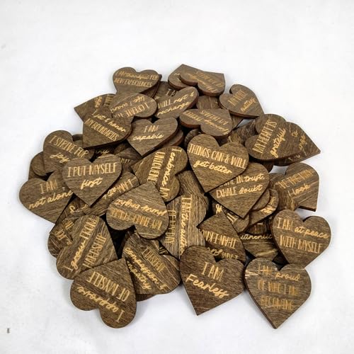 Image of Positive Affirmation Wood Cutouts | 72 Unique Laser Engraved Wood Hearts with Positive Affirmation Messages | Includes Desktop Affirmation Holder | Daily Motivational Gift