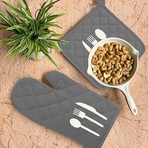 Oven Mitt And Potholder Set 4Pc, Printed Grey And White Design, Baking Glove Size 13 X 6 Inches, Stove Kitchen Mitten Size 8 X 8 Inches For Cooking Baking Grilling Bbq Machine Washable By Lushomes #TOP7